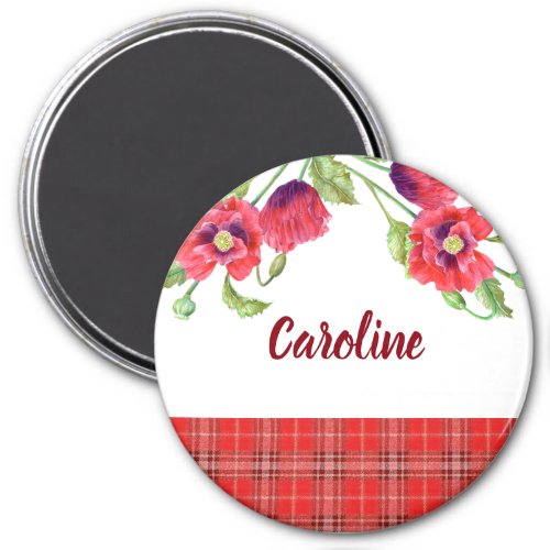 Watercolor Red Poppies Floral Tartan Pattern Magnet