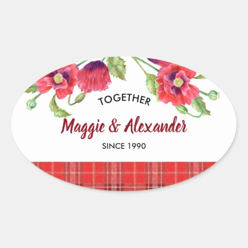 Watercolor Red Poppies Floral Tartan Pattern Oval Sticker