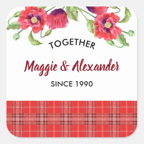 Watercolor Red Poppies Floral Tartan Pattern Square Sticker