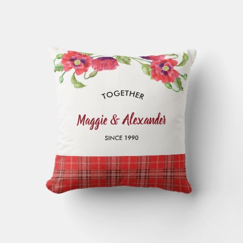 Watercolor Red Poppies Floral Tartan Pattern Throw Pillow