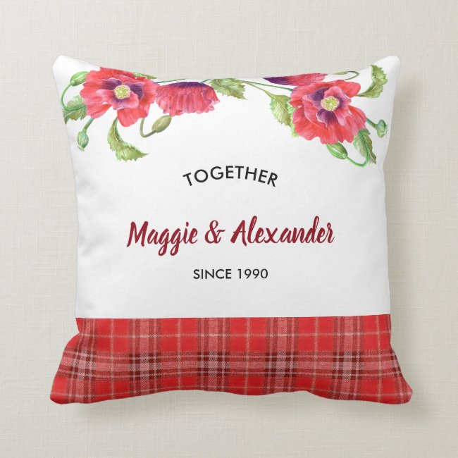 Watercolor Red Poppies Floral Tartan Pattern