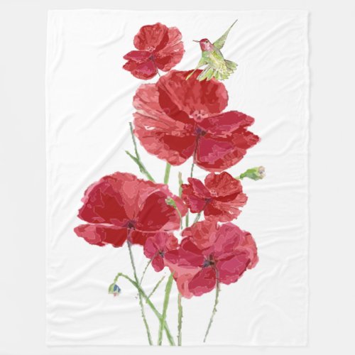 Watercolor Red Poppies Flowers Hummingbird Bird Fleece Blanket