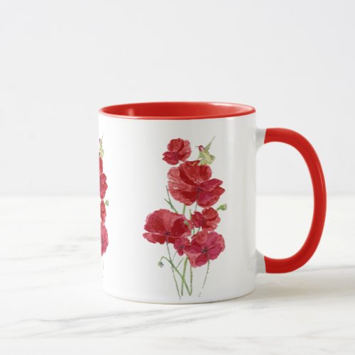 Watercolor Red Poppies Flowers Hummingbird Bird Mug