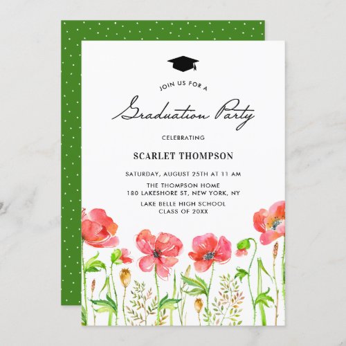 Watercolor Red Poppies Garden Graduation Party Invitation