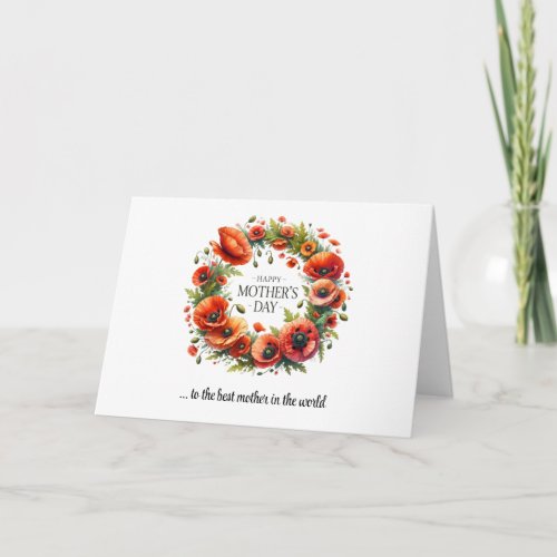 Watercolor red poppies heart wreath Mothers Day Card