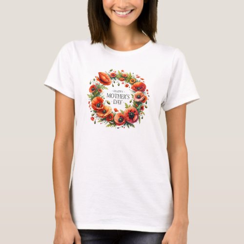 Watercolor red poppies heart wreath Mothers Day T_Shirt