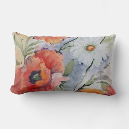 Watercolor red poppies lumbar pillow