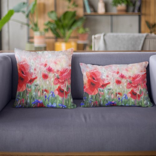 Watercolor Red Poppies Painting Lumbar Pillow