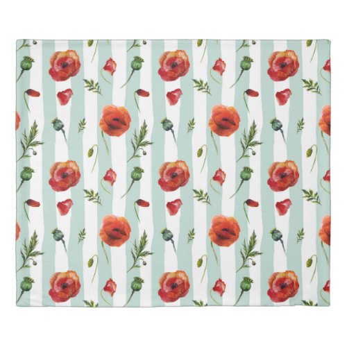 Watercolor Red Poppies  Pastel Blue Stripes Duvet Cover