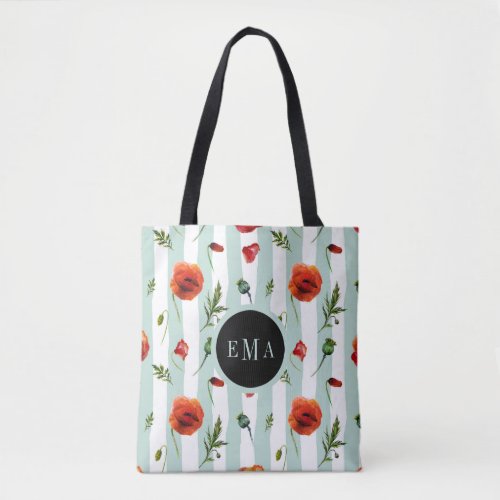 Watercolor Red Poppies  Pastel Blue Stripes Tote Bag