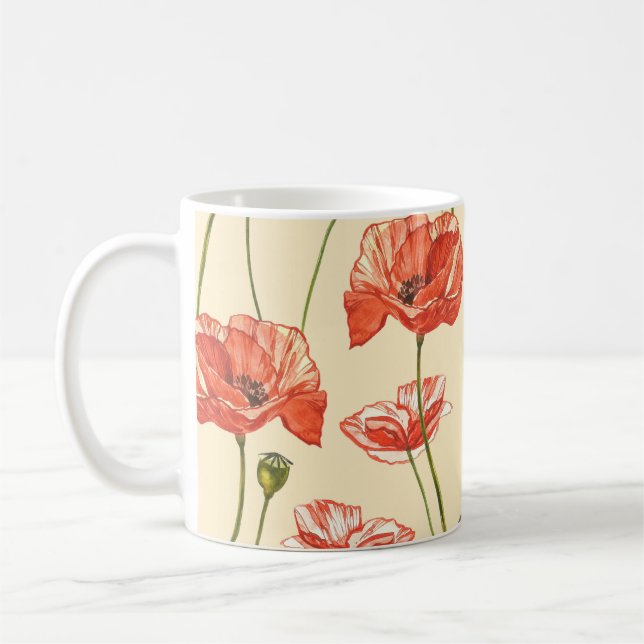 Watercolor Red Poppies Pattern. Coffee Mug (Left)