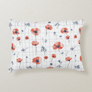Watercolor Red Poppies Pattern on White Accent Pillow