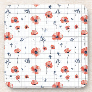 Watercolor Red Poppies Pattern on White Beverage Coaster