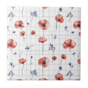 Watercolor Red Poppies Pattern on White Ceramic Tile