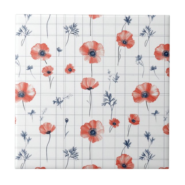 Watercolor Red Poppies Pattern on White Ceramic Tile (Front)