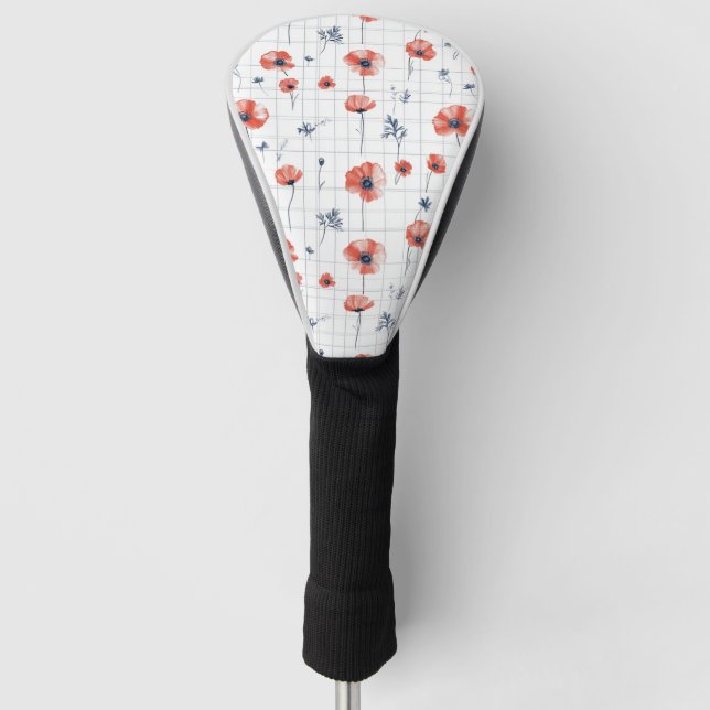 Watercolor Red Poppies Pattern on White Golf Head Cover (Front)