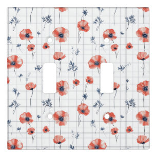 Watercolor Red Poppies Pattern on White Light Switch Cover
