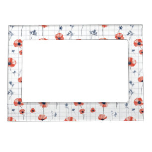 Watercolor Red Poppies Pattern on White Magnetic Frame