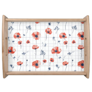 Watercolor Red Poppies Pattern on White Serving Tray