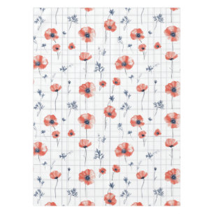 Watercolor Red Poppies Pattern on White Tablecloth
