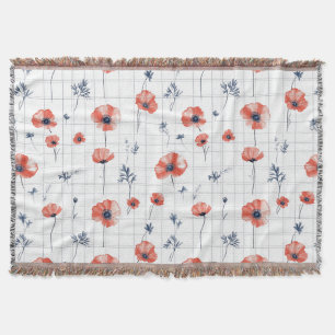 Watercolor Red Poppies Pattern on White Throw Blanket