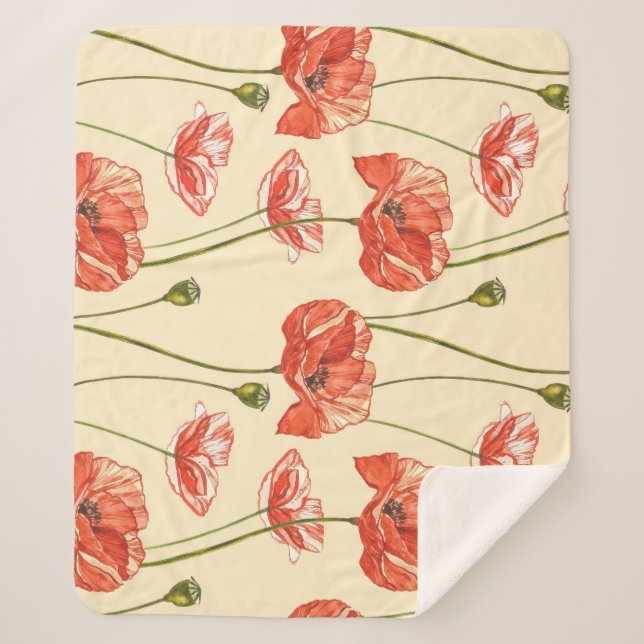 Watercolor Red Poppies Pattern. Sherpa Blanket (Front)