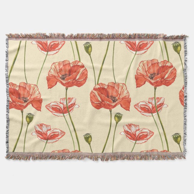 Watercolor Red Poppies Pattern. Throw Blanket (Front)