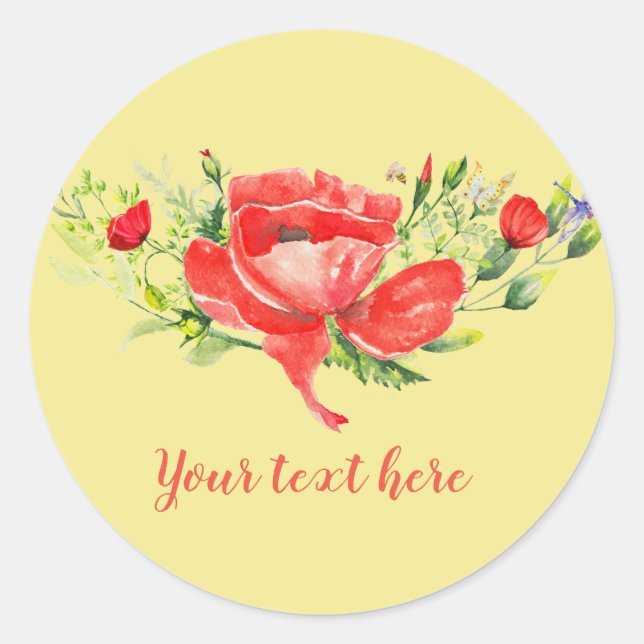 Watercolor Red Poppies Personalized Classic Round Sticker (Front)