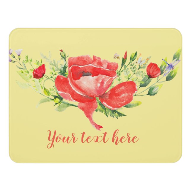 Watercolor Red Poppies Personalized Door Sign (Contemporary Front)
