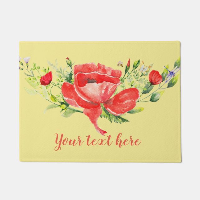 Watercolor Red Poppies Personalized Doormat (Front)