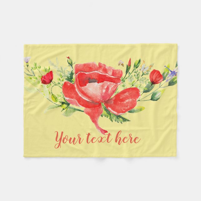 Watercolor Red Poppies Personalized Fleece Blanket (Front (Horizontal))