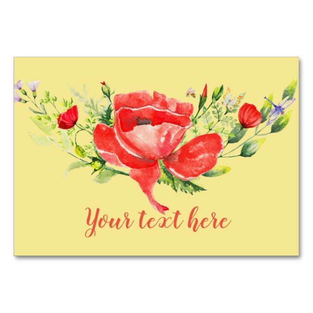 Watercolor Red Poppies Personalized Table Number (Front)