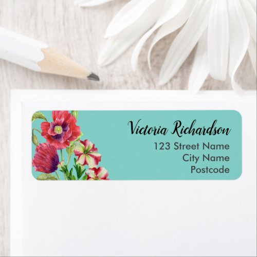 Watercolor Red Poppies Petunias Name Address Label