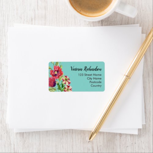 Watercolor Red Poppies Petunias Name Address Label