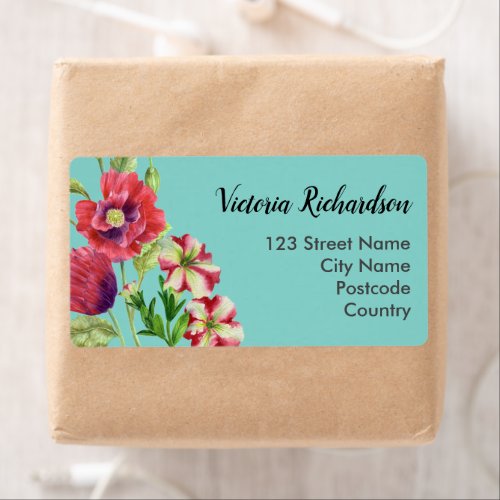 Watercolor Red Poppies Petunias Name Address Label