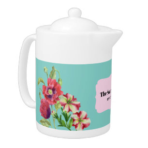 Watercolor Red Poppies Petunias Plain Turquoise Teapot