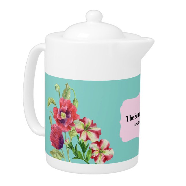 Watercolor Red Poppies Petunias Plain Turquoise Teapot (Left)