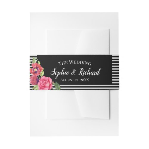 Watercolor Red Poppies Pink Rose Stripes Wedding Invitation Belly Band