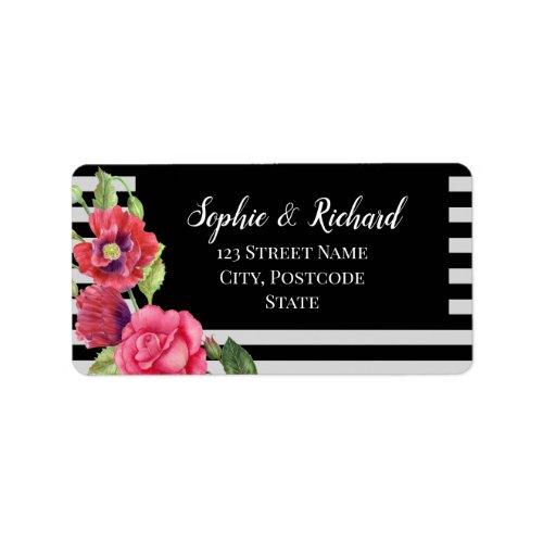 Watercolor Red Poppies Pink Rose Stripes Wedding Label