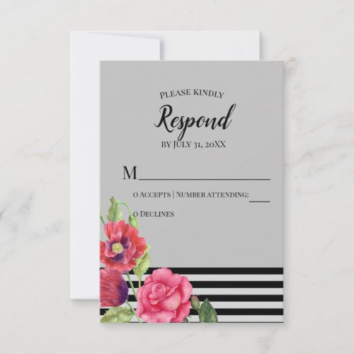 Watercolor Red Poppies Pink Rose Stripes Wedding RSVP Card