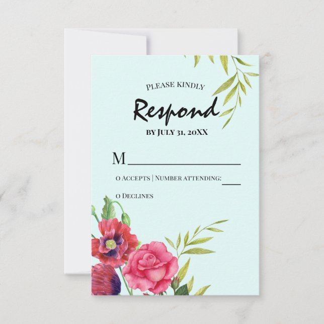 Watercolor Red Poppies Pink Rose Stripes Wedding RSVP Card (Front)