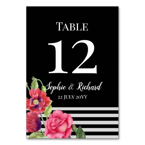 Watercolor Red Poppies Pink Rose Stripes Wedding Table Number