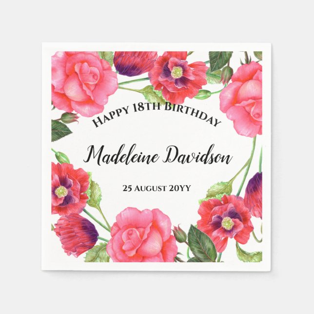 Watercolor Red Poppies Pink Rose Wreath Design Napkins (Front)