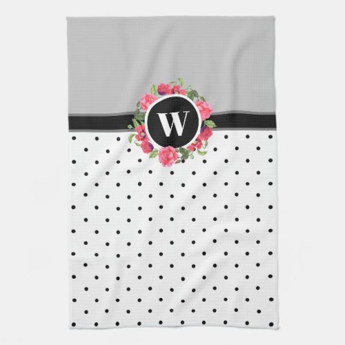 Watercolor Red Poppies Pink Rose Wreath Monogram Kitchen Towel