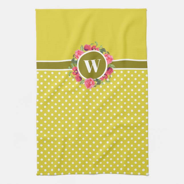 Watercolor Red Poppies Pink Rose Wreath Monogram Kitchen Towel (Vertical)