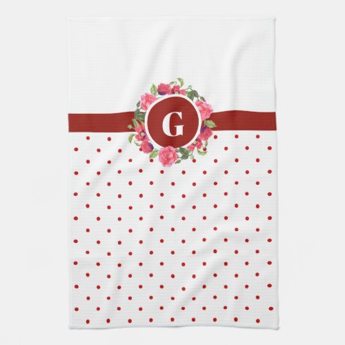 Watercolor Red Poppies Pink Rose Wreath Monogram Kitchen Towel