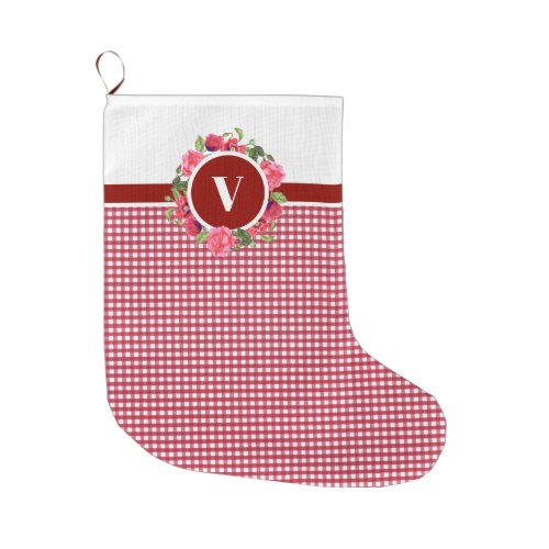 Watercolor Red Poppies Pink Rose Wreath Monogram Large Christmas Stocking