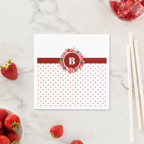 Watercolor Red Poppies Pink Rose Wreath Monogram Napkins