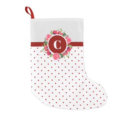 Watercolor Red Poppies Pink Rose Wreath Monogram Small Christmas Stocking