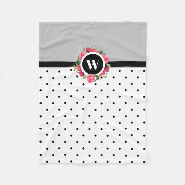 Watercolor Red Poppies Pink Roses Circle Wreath Fleece Blanket (Front)